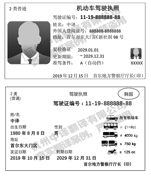 韓國駕照最新版翻譯件模板-杭州中譯翻譯公司